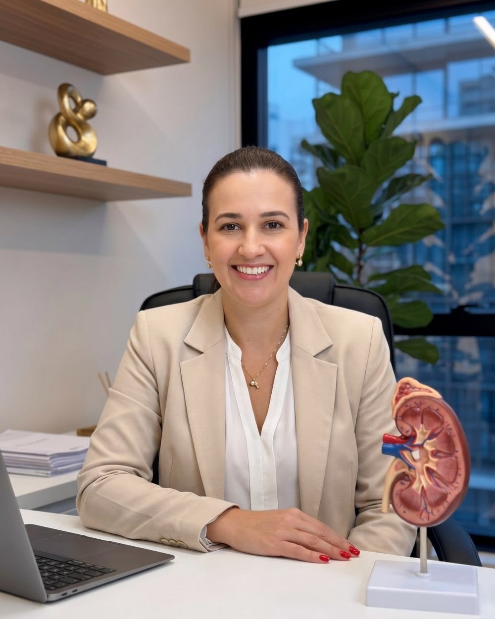 Dra. Márcia Fernanda, médica nefrologista, em seu consultório com modelo anatômico de rim